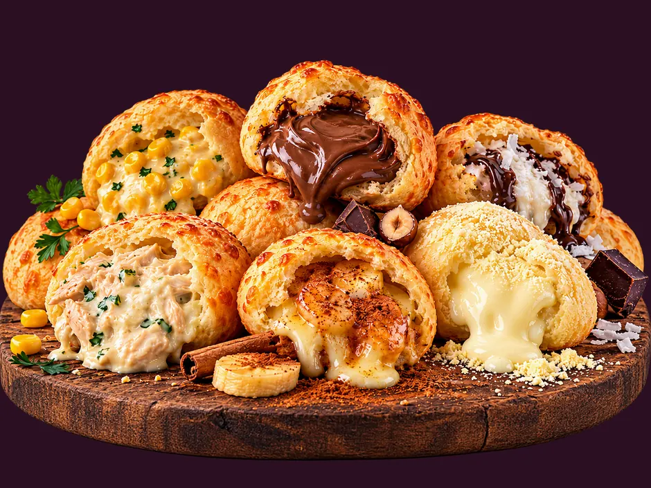 Pães de queijo recheados abertos, com o recheio escorrendo