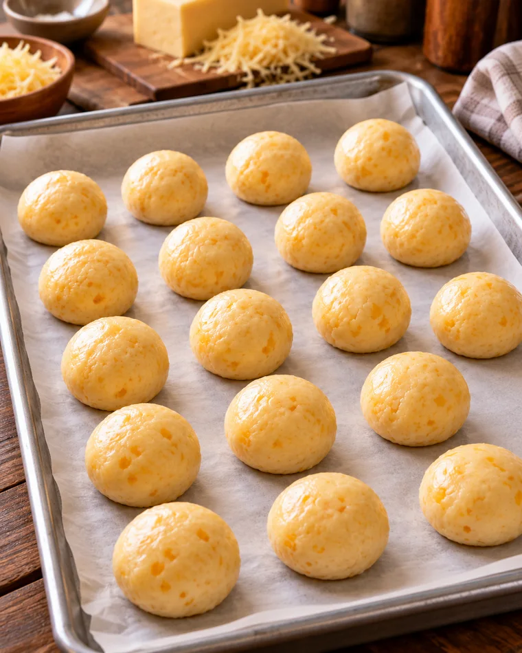 Bolinhas de massa prontas na bandeja.