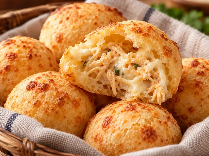 Pão de queijo aberto, recheio de Frango com Requeijão.