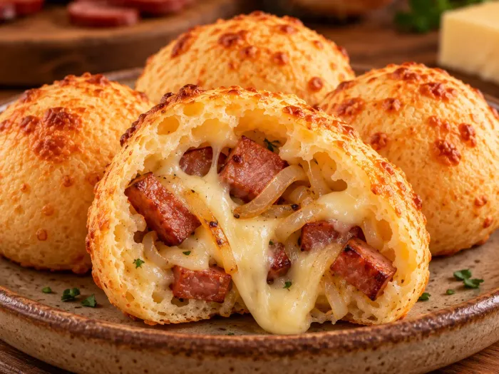 Pão de queijo aberto, recheio de Calabresa Acebolada com Queijo.