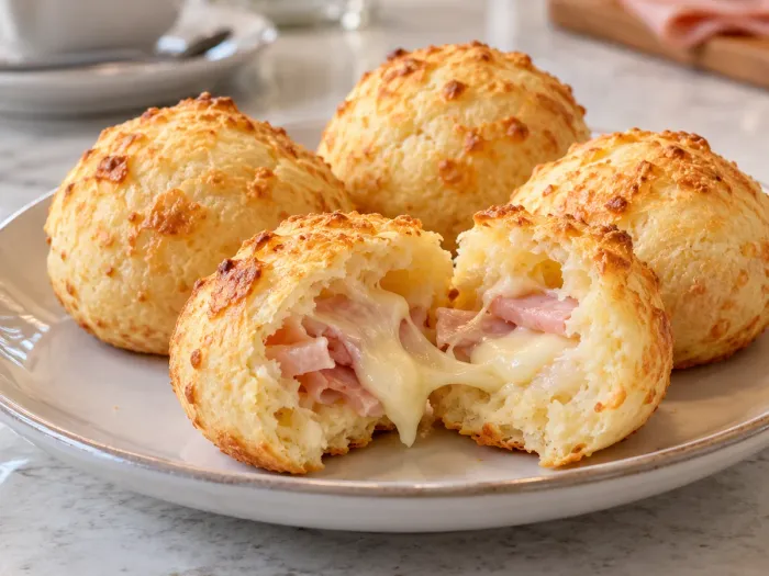 Pão de queijo aberto, recheio de Misto (Presunto e Muçarela).