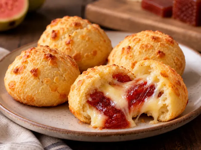 Pão de queijo aberto, recheio de Romeu e Julieta (Goiabada com Queijo).