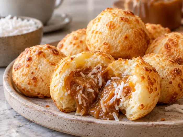 Pão de queijo aberto, recheio de Doce de Leite com Coco.