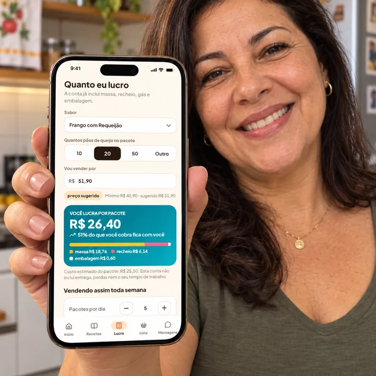 Celular na mão com a calculadora do app.